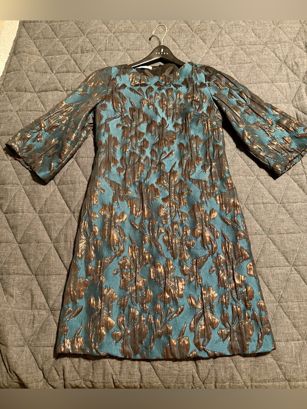 Teal and Bronze Floral Jacquard Long-Sleeve A-Line Dress